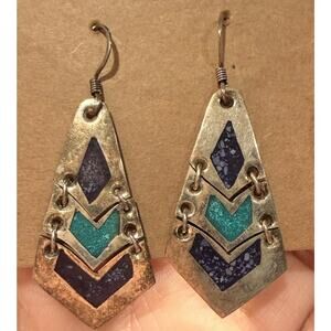 Vintage Mexican Sterling Silver Stone Inlay Earrings Oaxaca Chevron Dangle
